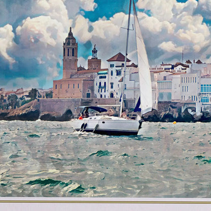 Sitges Sailing poster close-up featuring sailboat on textured sea in vintage halftone style
