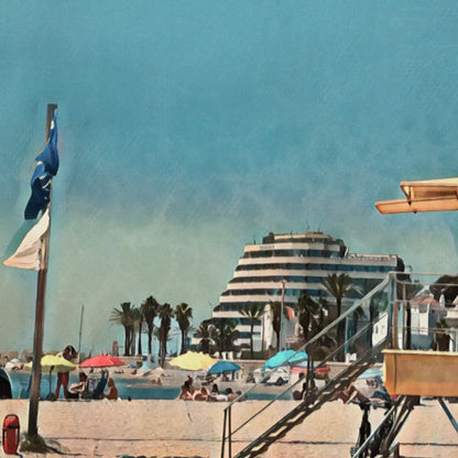 Close up of Terramar Beach Poster Sitges showing beach umbrellas, Terramar hotel and vintage halftone texture details