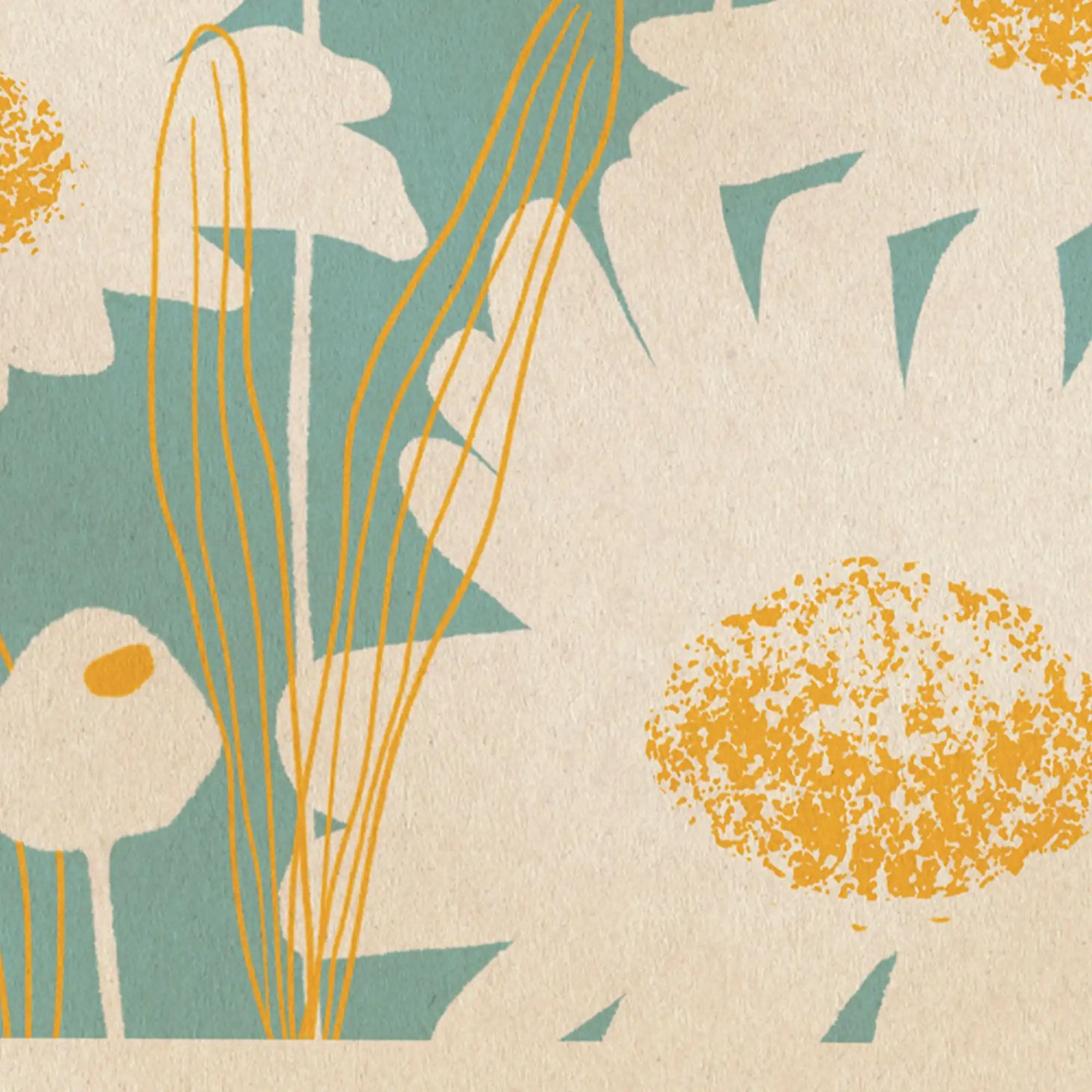 daisy poster detail showing stems and graphic yellow line work with white floral silhouettes minimal botanical composition
