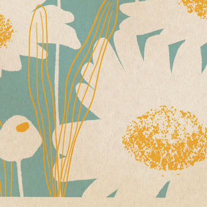 daisy poster detail showing stems and graphic yellow line work with white floral silhouettes minimal botanical composition