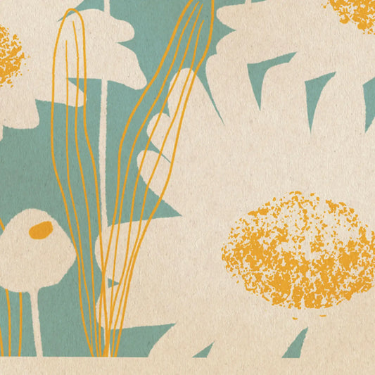 daisy poster detail showing stems and graphic yellow line work with white floral silhouettes minimal botanical composition