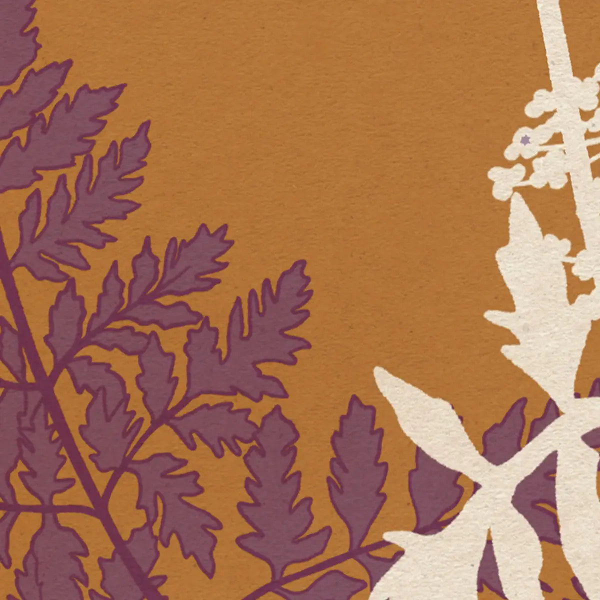 hemlock poster detail showing purple foliage and white botanical silhouettes over warm ochre background textured fine art paper