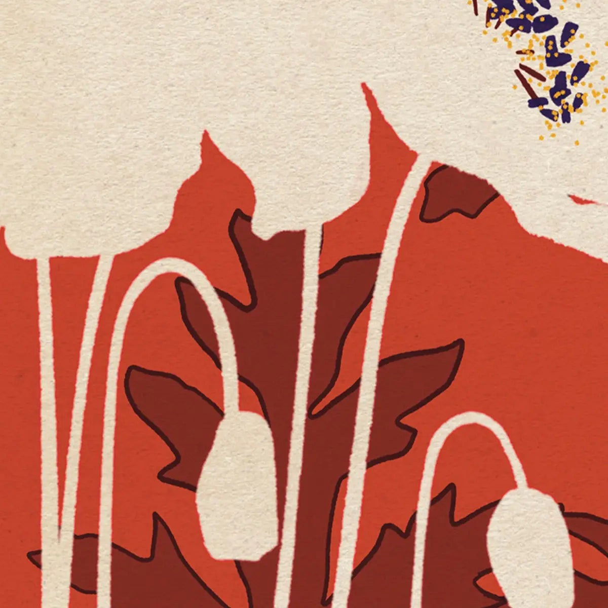 poppy botanical poster detail showing stems and leaves graphic lines over red background minimal floral design