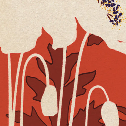 poppy botanical poster detail showing stems and leaves graphic lines over red background minimal floral design