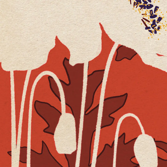 poppy botanical poster detail showing stems and leaves graphic lines over red background minimal floral design