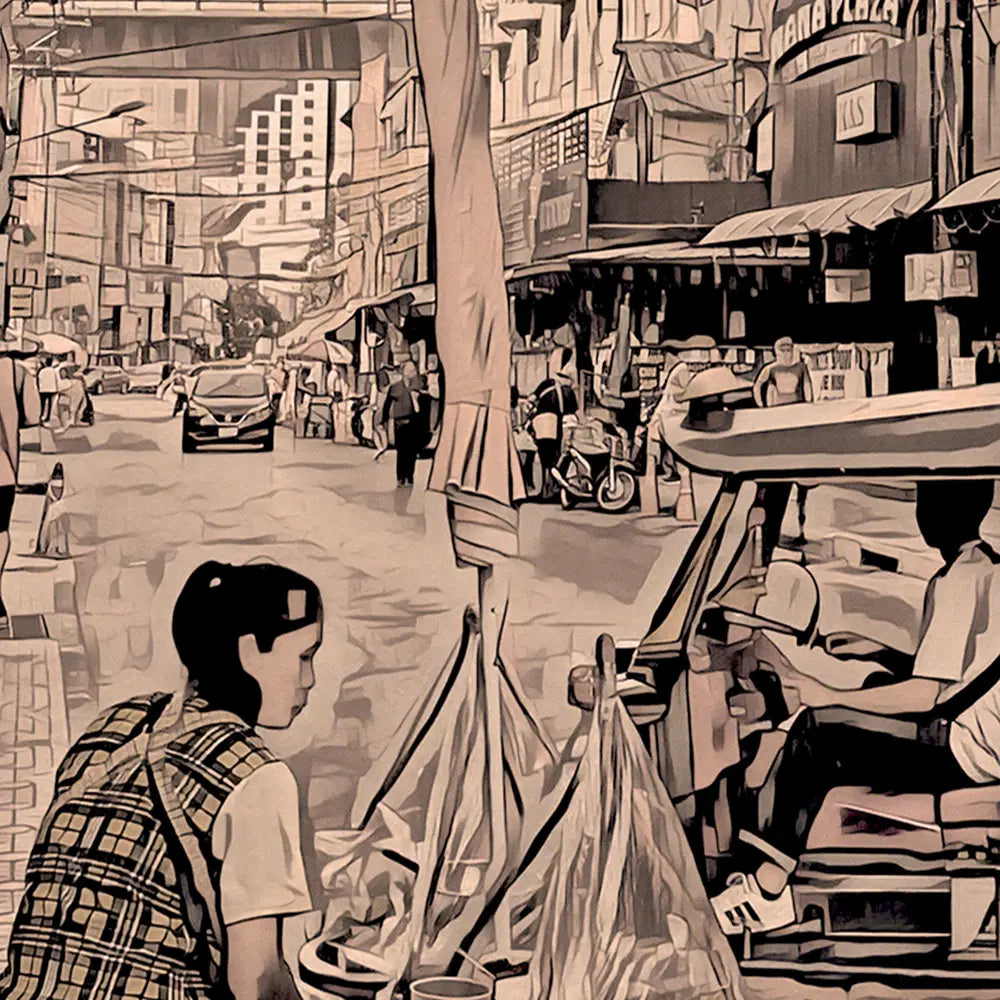 Close-up of a street vendor and a tuk-tuk on Sukhumvit Road in Alecse’s Bangkok travel poster