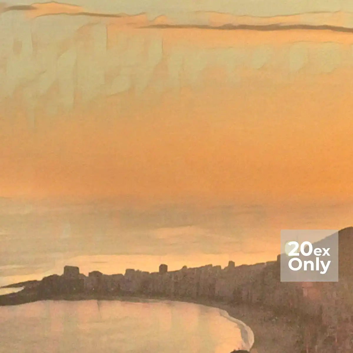 Detail shot of Alecse's 'Rio Sunset' poster, showcasing the unique vintage print technique and the warmth of Rio's evening glow.