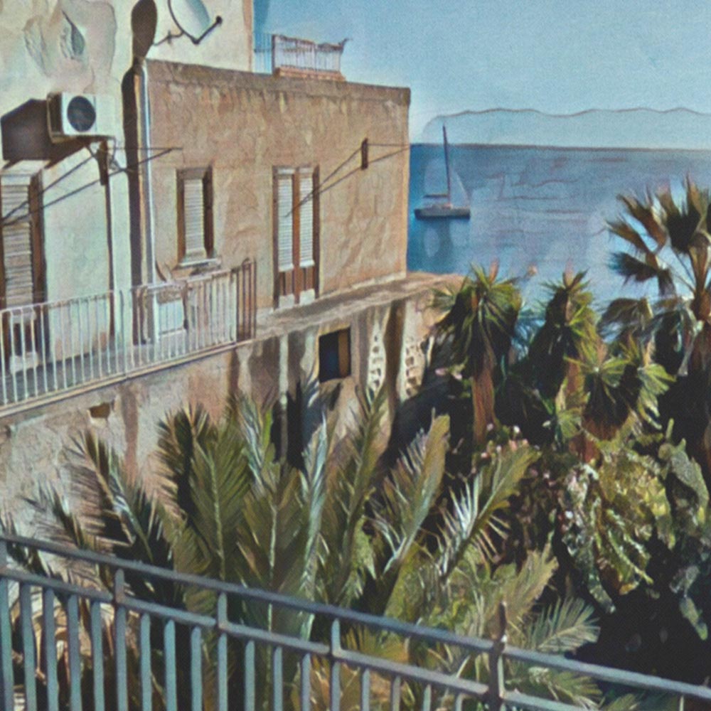 Close-up detail of buildings and palm trees on the Castellammare Sicily travel print