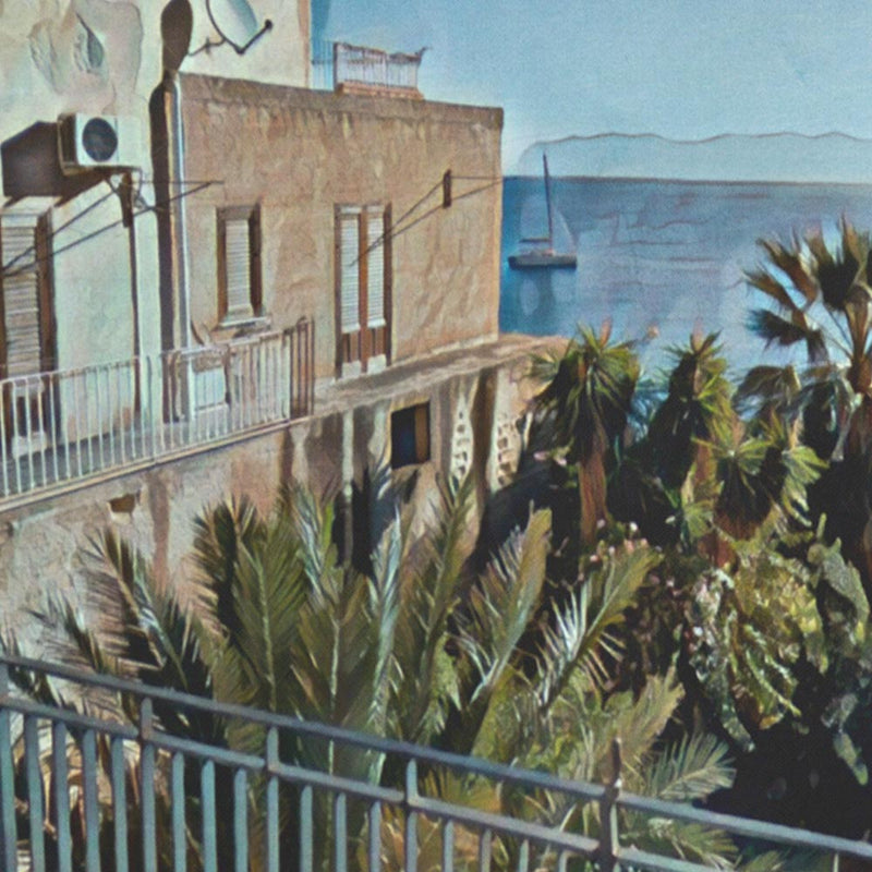 Close-up detail of buildings and palm trees on the Castellammare Sicily travel print