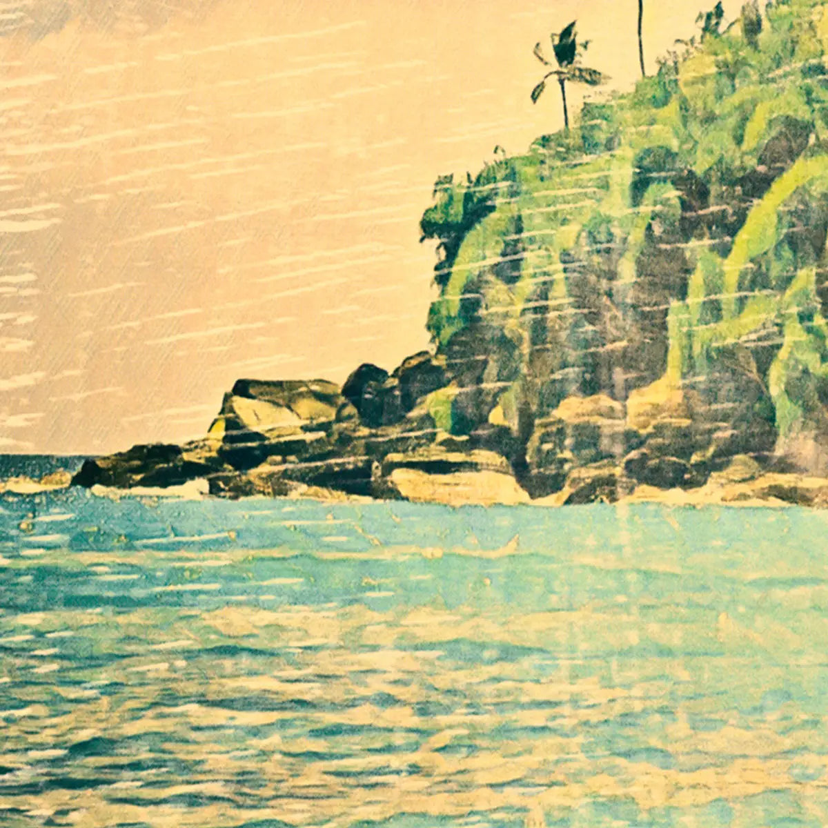 Details of the Hiriketiya Right poster by Alecse showcasing the sea, the cliff and a palm tree