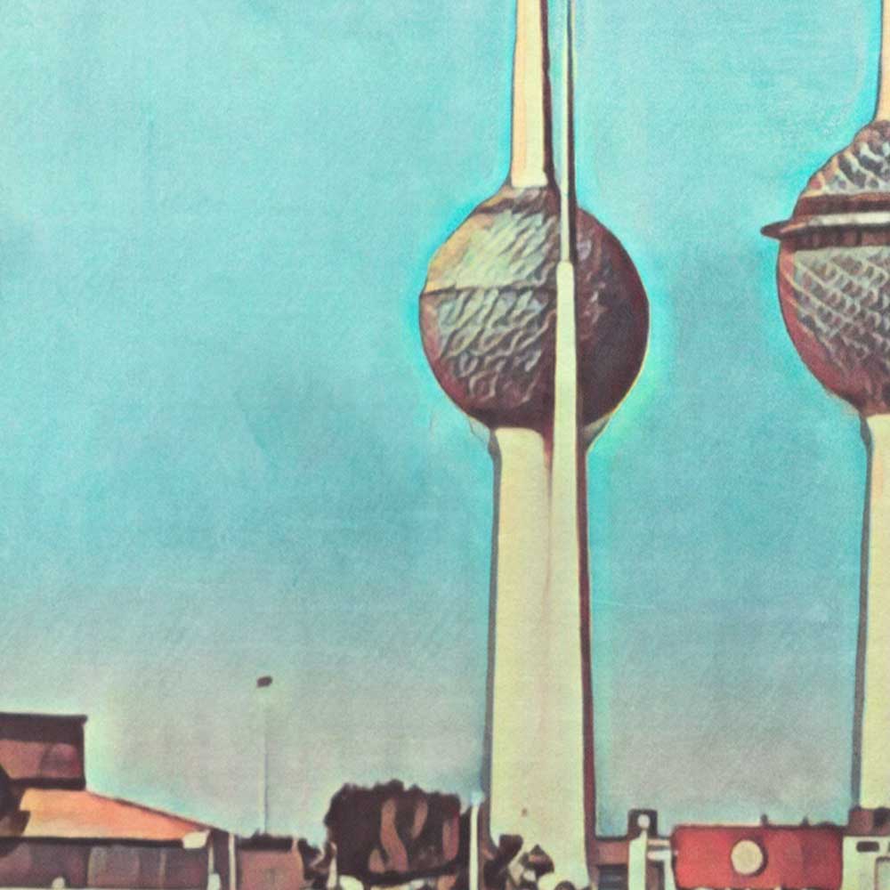 Close-up of Kuwait Towers poster details – A zoomed-in view of the Kuwait Towers’ halftone texture, showcasing Alecse’s signature vintage printing effect