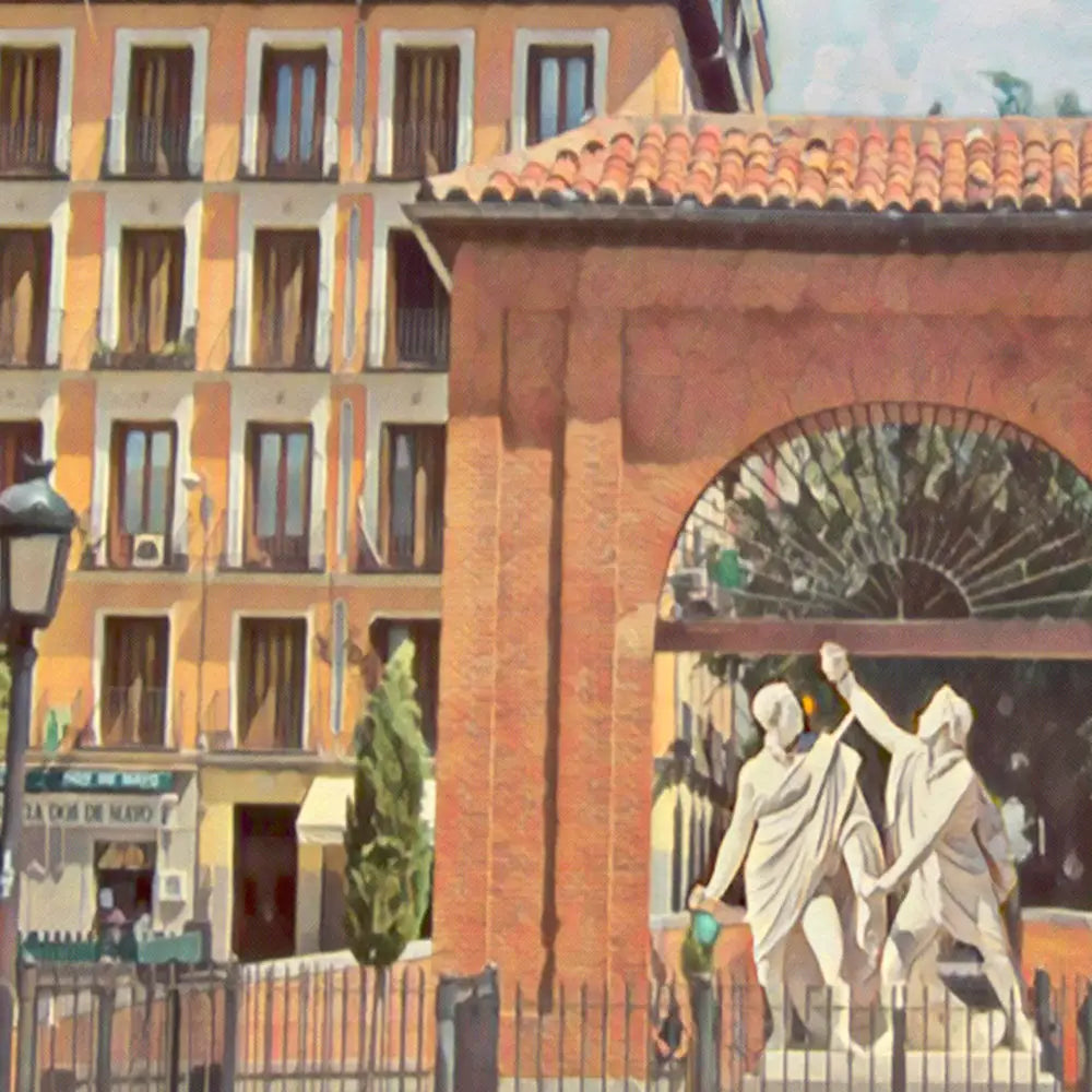 Detail view of the red-brick arch and heroic statue in the Dos de Mayo travel poster.