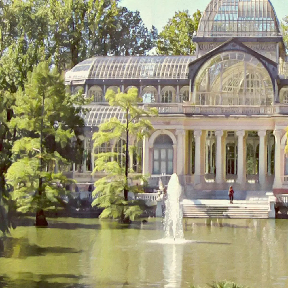 Detail of the Crystal Palace façade and surrounding lake in Alecse’s Madrid poster
