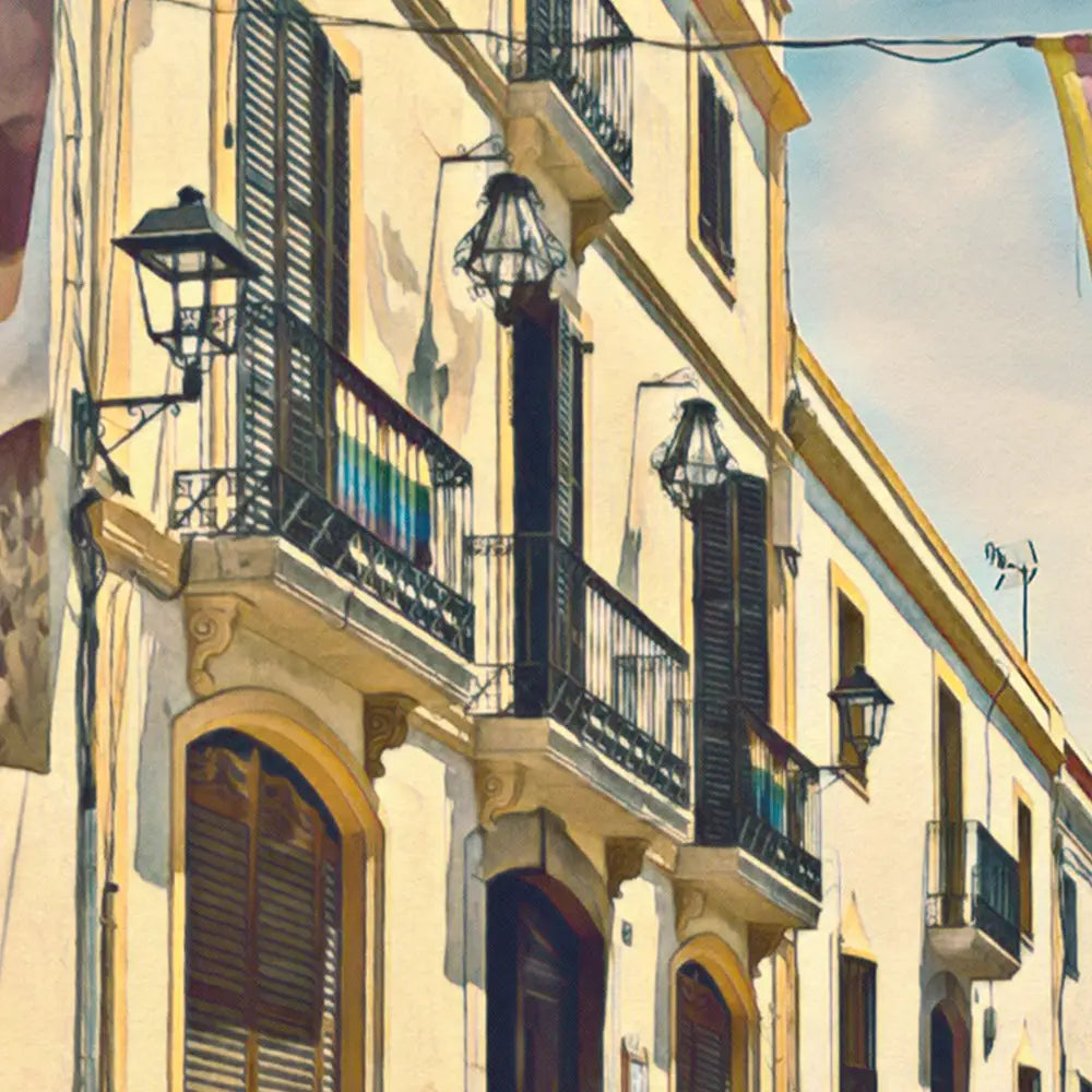 Detail of windows, street lamps and pastel façades from the Ribes Catalunya travel poster by Alecse
