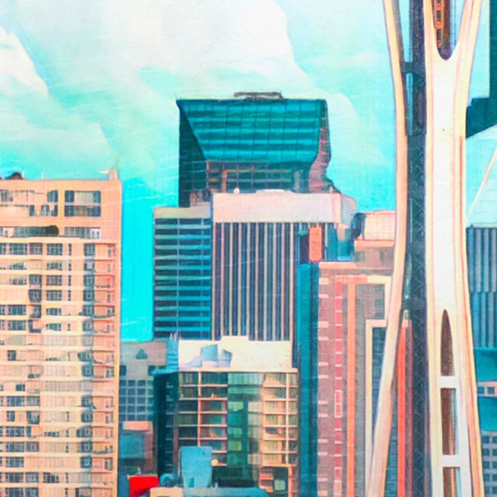 Building details in the Panoramic Seattle travel poster in retro style – Emerald City collection