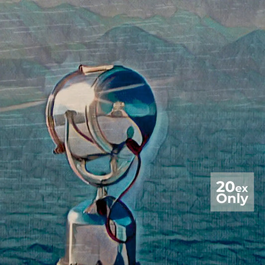 Close-up of a chrome spotlight and the sea in Alecse’s Corsica poster.