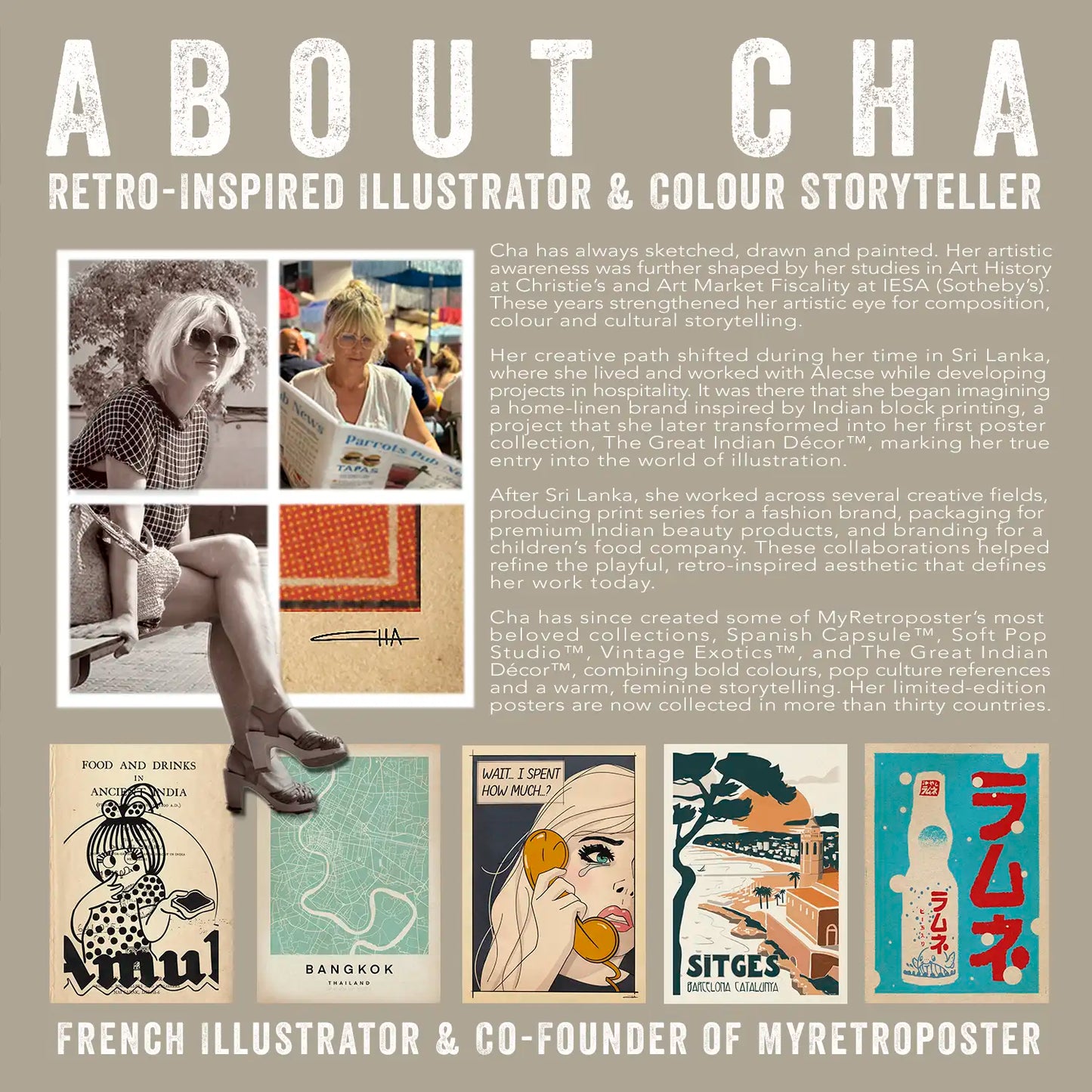 a collage of photos of poster artist Cha with a short bio and some of her best selling designs