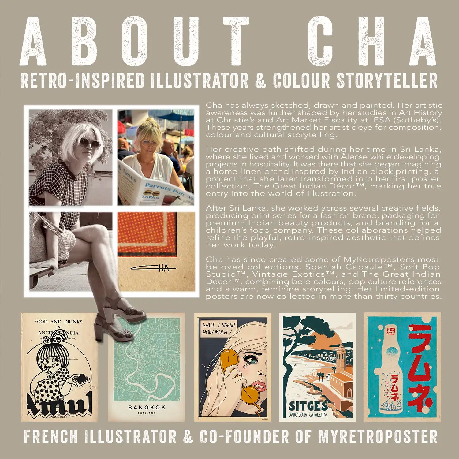a collage of photos of poster artist Cha with a short bio and some of her best selling designs