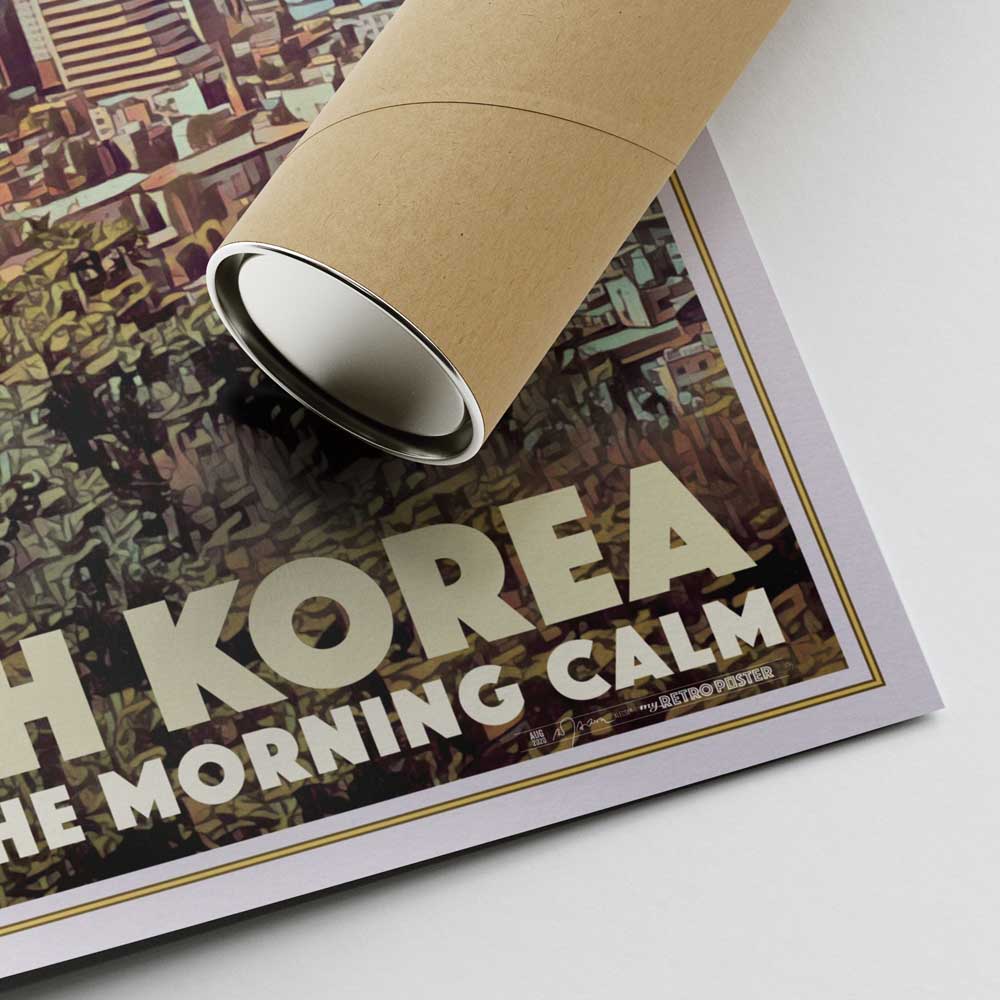 Corner of the Vintage Seoul Travel Poster Land of the Morning Calm by Alecse and shipping tube for safe worldwide delivery