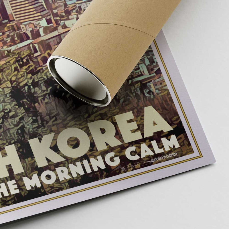 Corner of the Vintage Seoul Travel Poster Land of the Morning Calm by Alecse and shipping tube for safe worldwide delivery