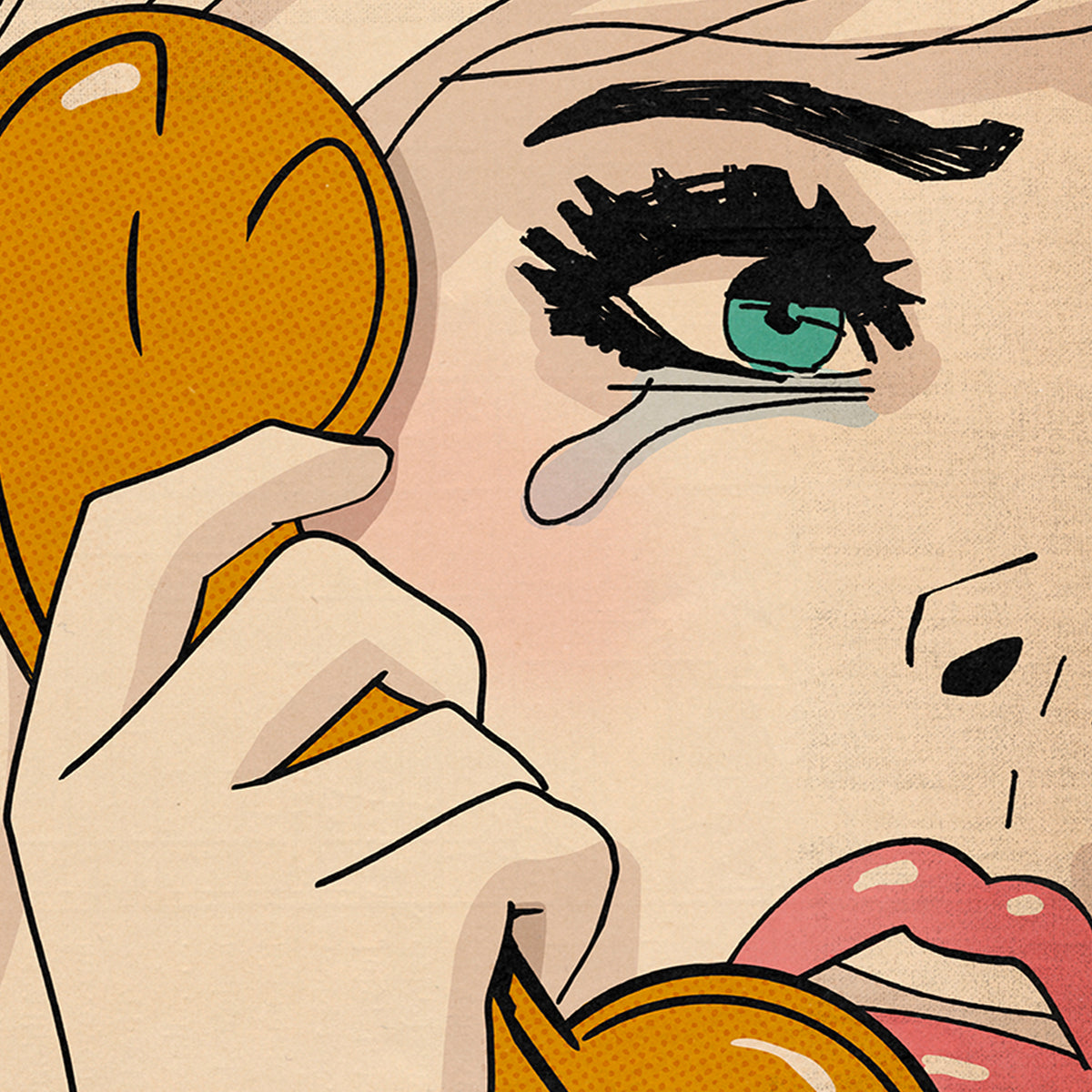 Detailed view of the woman’s expressive face with a tear rolling down, emphasizing the humor and retro aesthetic of the artwork.