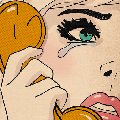 Detailed view of the woman’s expressive face with a tear rolling down, emphasizing the humor and retro aesthetic of the artwork.