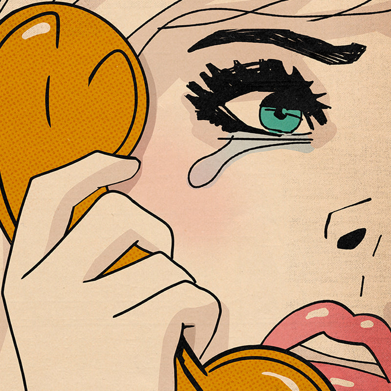 Detailed view of the woman’s expressive face with a tear rolling down, emphasizing the humor and retro aesthetic of the artwork.