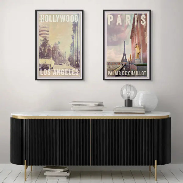 Two framed collector edition posters by Alecse, limited to 20 prints: “Hollywood Los Angeles,” showcasing a vintage street view with palm trees, and “Paris Palais de Chaillot,” featuring the Eiffel Tower with elegant architectural details. Perfect for adding a timeless retro touch to modern interiors.