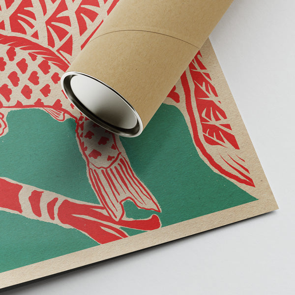 Detail of Cha's signature on 'Koinobori 24' poster limited edition and tube packaging, symbolizing authenticity and care in delivery