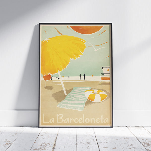 Sunset on La Barceloneta beach poster by Cha, a beautiful illustration of Barcelona showcasing the spectacular sunset on La Barceloneta beach