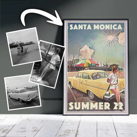 Custom “Santa Monica Summer 22” poster created by Alecse from vintage photos, showcasing the bespoke poster service that transforms clients’ photos and briefs into unique, personalized artwork