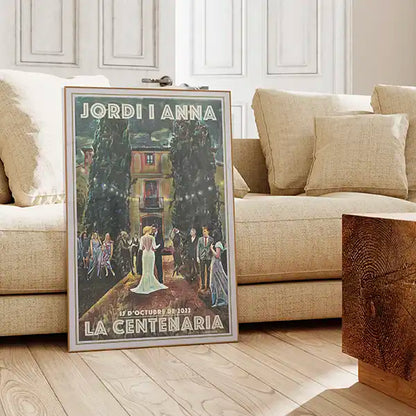Custom wedding poster by Alecse displayed as a large art print in a contemporary living room, turning wedding memories into a lasting keepsake