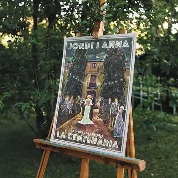 Custom wedding poster by Alecse displayed on a wooden easel in a lush garden wedding setting