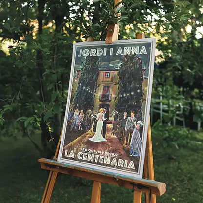 Custom wedding poster by Alecse displayed on a wooden easel in a lush garden wedding setting