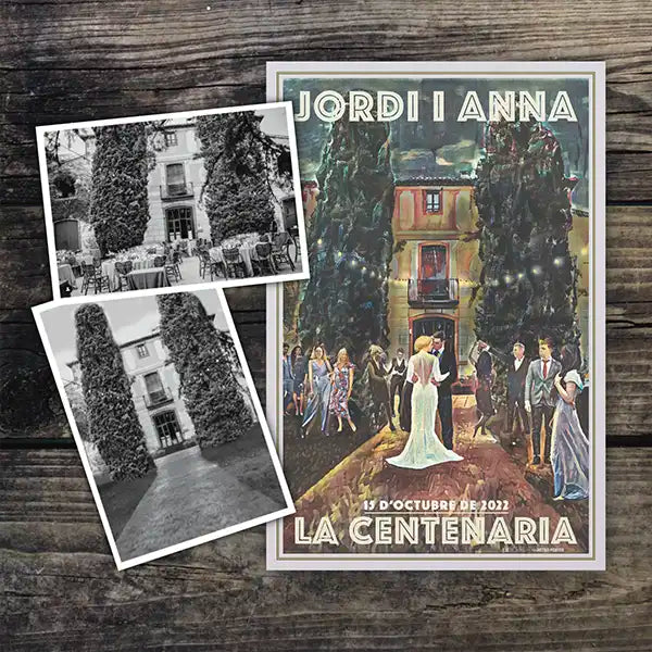 Custom wedding poster by Alecse created from the couple’s original wedding photos, featuring their ceremony at La Centenaria