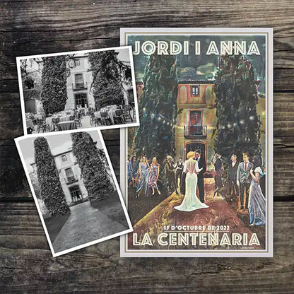 Custom wedding poster by Alecse created from the couple’s original wedding photos, featuring their ceremony at La Centenaria