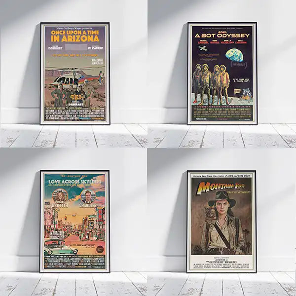 Four custom movie posters by Alecse, featuring bespoke vintage-style artwork inspired by classic cinema poster design and personal stories.
