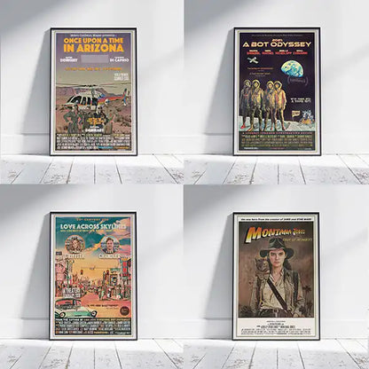 Four custom movie posters by Alecse, featuring bespoke vintage-style artwork inspired by classic cinema poster design and personal stories.
