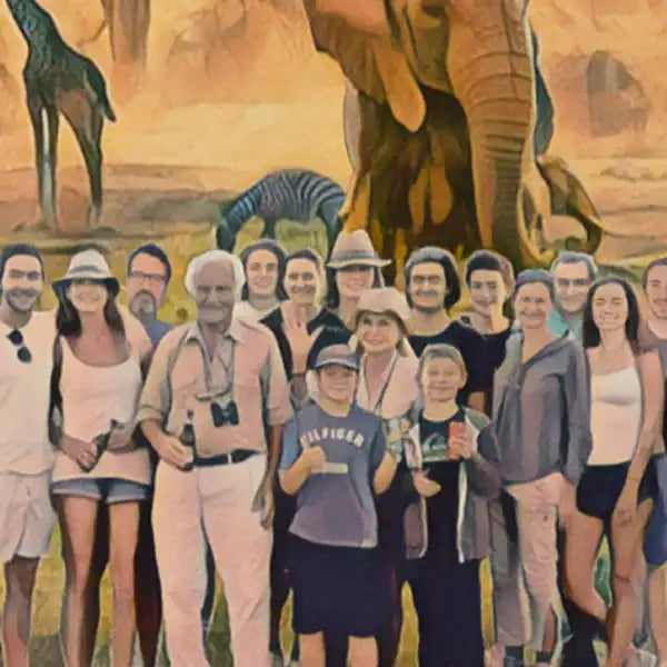 Custom group poster by Alecse, featuring family and friends together on a safari in a bespoke vintage-inspired artwork.