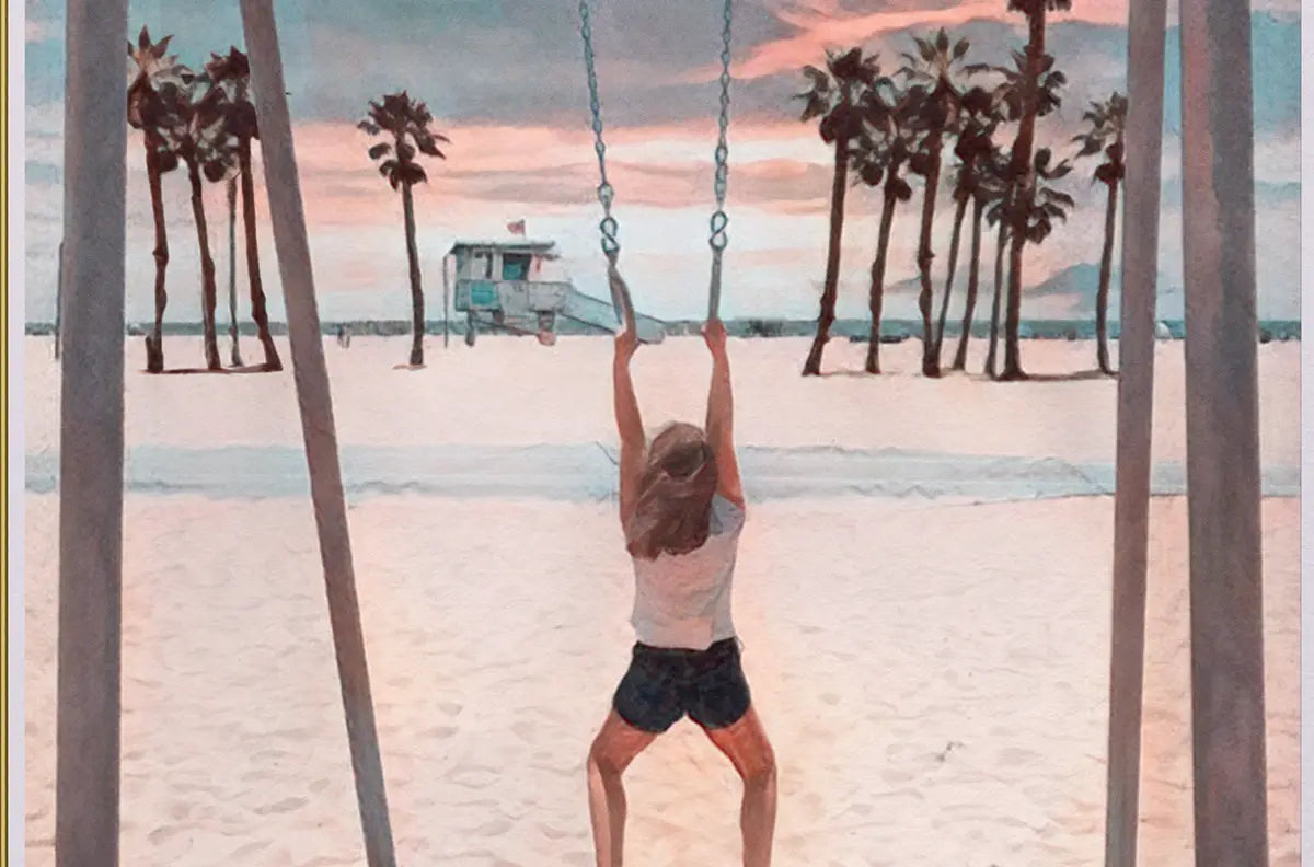 Custom retro poster of Malibu Beach by Alecse, with enhanced palm trees and magnified lifeguard tower in a vintage art style.