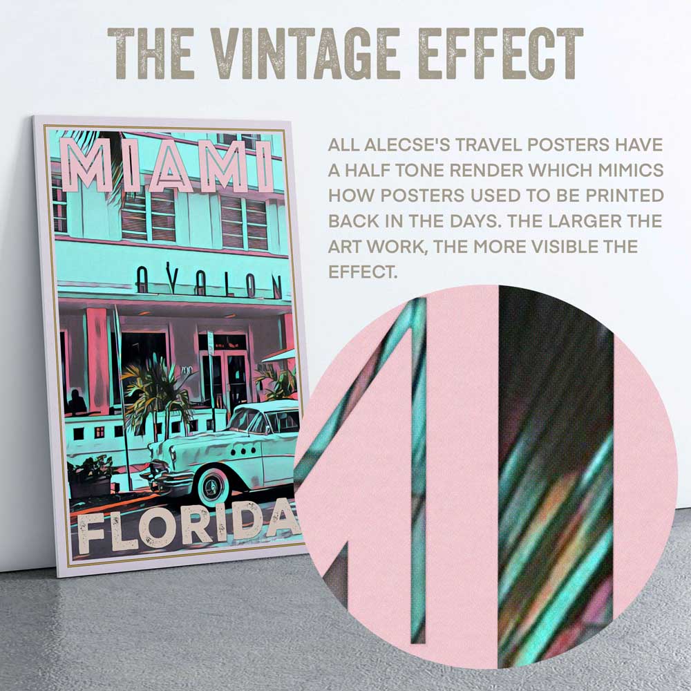 Détail macro du rendu en demi-teintes d'Alecse sur l'affiche de Miami en Floride.