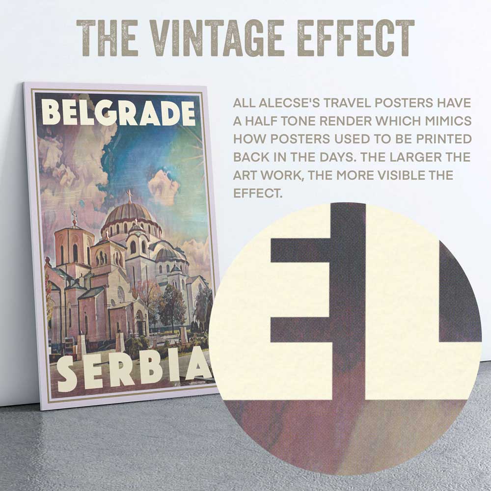 Macro détaillée du rendu en demi-teintes d'Alecse sur l'affiche de voyage de Belgrade en Serbie