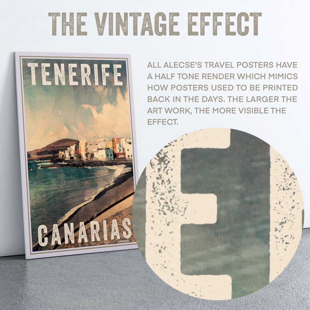 Macro of 'Coastline' poster's half-tone detail capturing the essence of Tenerife