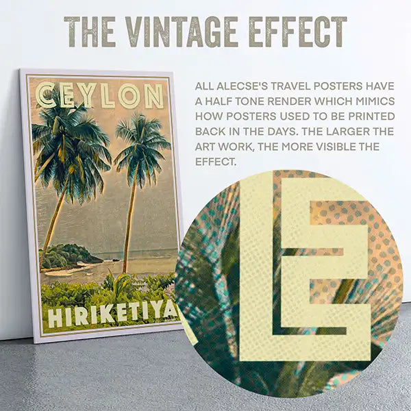 Vintage travel poster of Ceylon with a close-up of the letter 'E' in a circular inset.