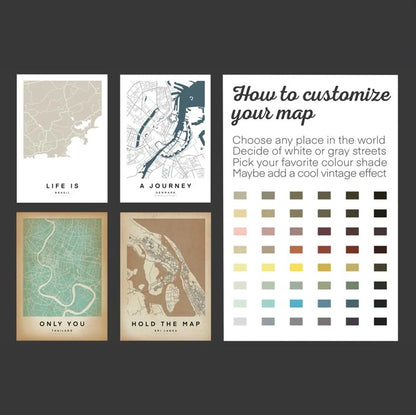 Choose any place around the world, pick a style and color and select the vintage effect intensity of your custom map poster art