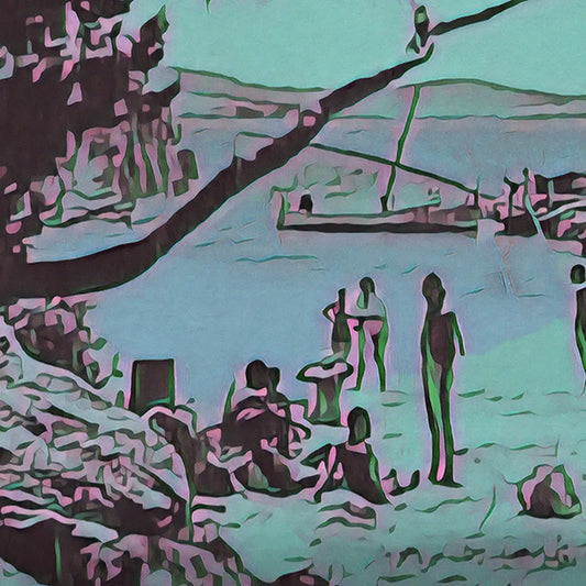 Deatils of the Vintage Ibiza San Antonio travel poster showing people bathing in a Mediterranean cove, limited edition art print