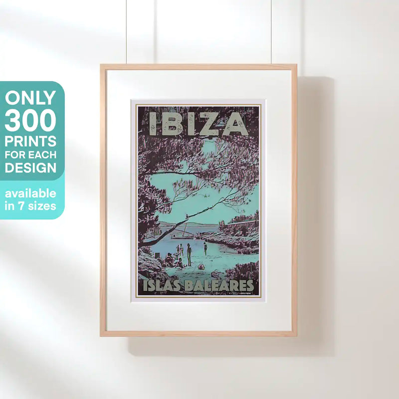 Framed poster of Ibiza with a scenic design on a white wall. Ibiza San Antonio poster – limited edition of 300 prints