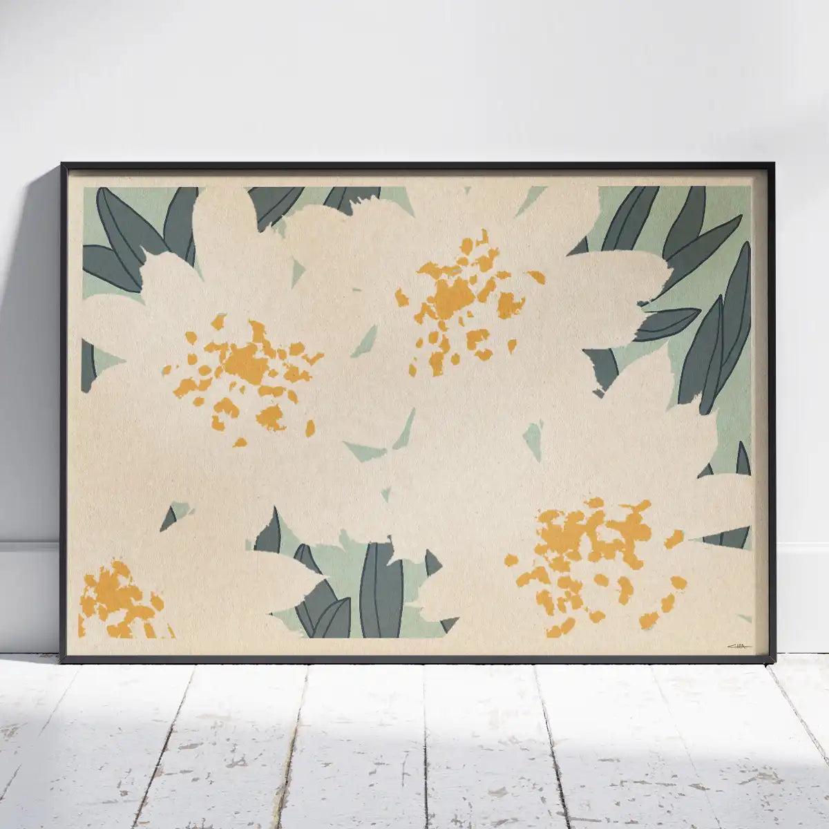 ice plant flower poster delosperma botanical wall art horizontal format white floral silhouettes soft green background limited edition