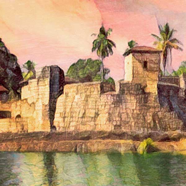 Close-up detail of Livingston Guatemala vintage travel poster with tropical palm trees and fortress walls
