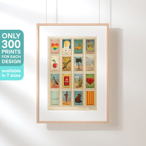 Framed 'Loteria Sitgetana Verano' poster by Cha, with a note of only 300 prints available in 7 sizes